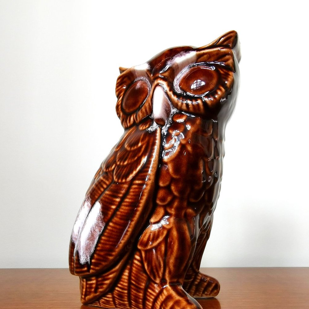 70s Brown Mirror Glaze Ceramic Owl Figurine